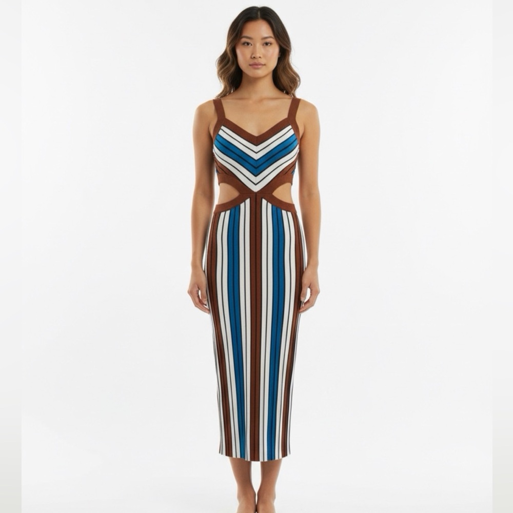Elegant Brown and Blue Striped Midi Dress